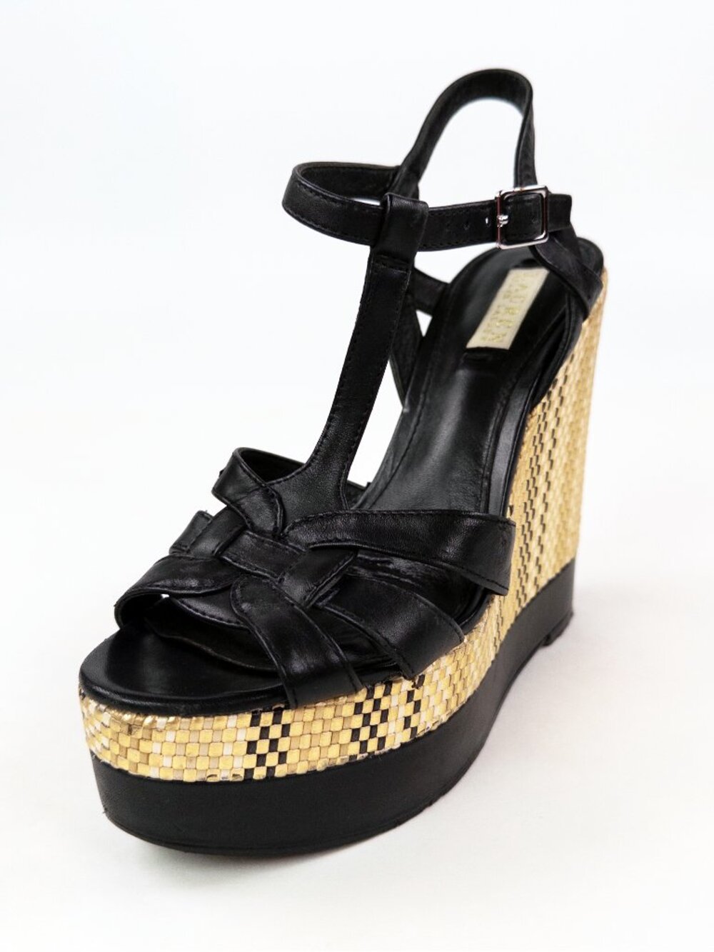 Lauren Ralph Lauren Black Leather Tweed Wedge Platform Sandals Sz 8.5 - Picture 4 of 8